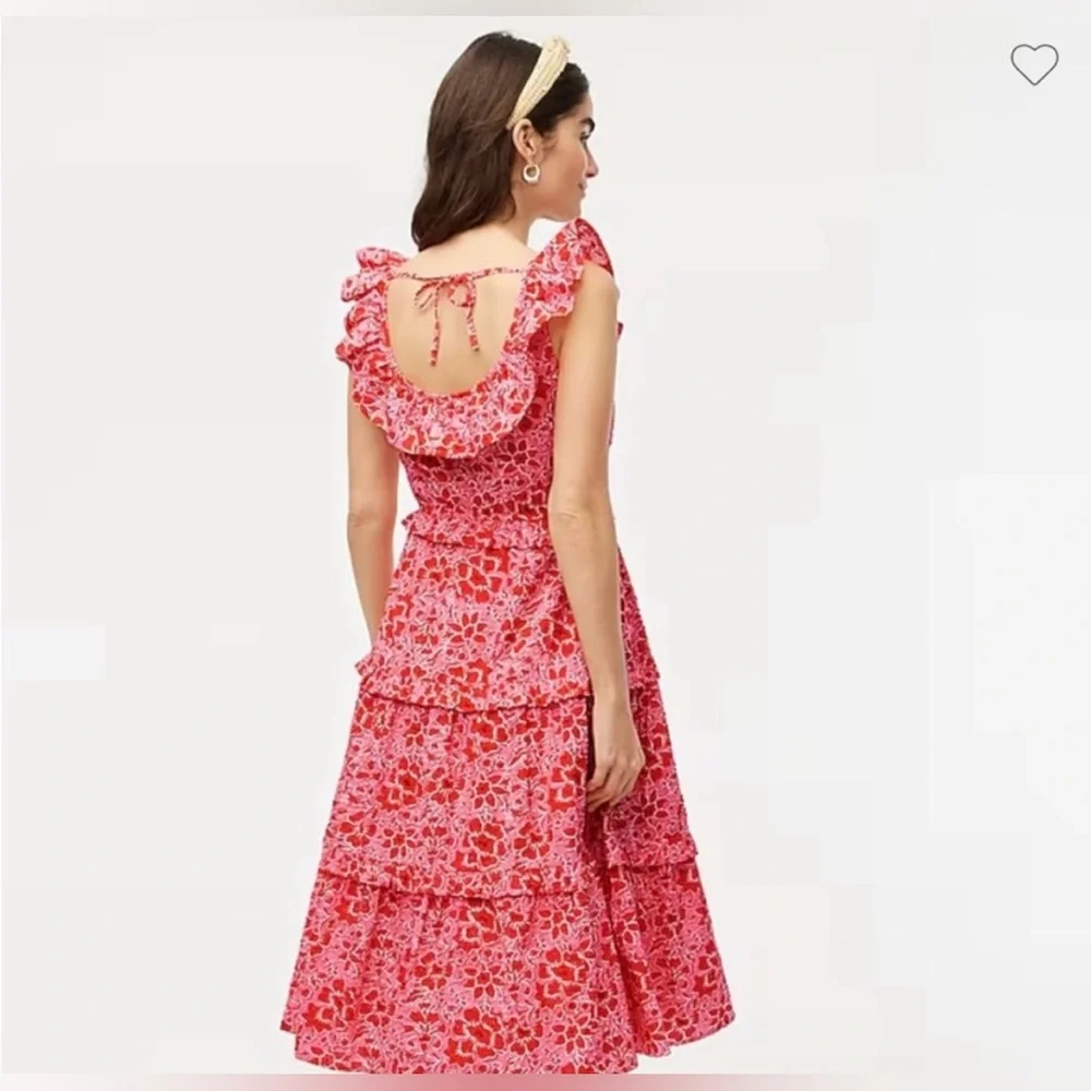 J.Crew Red Pink Floral Ruffle Tiered Midi Dress Cottagecore Size 6
